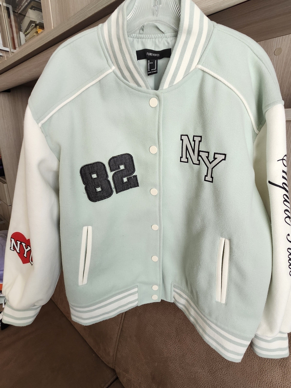 Forever 21 Mint Green & White Varsity Jacket with NY and 82 Patches